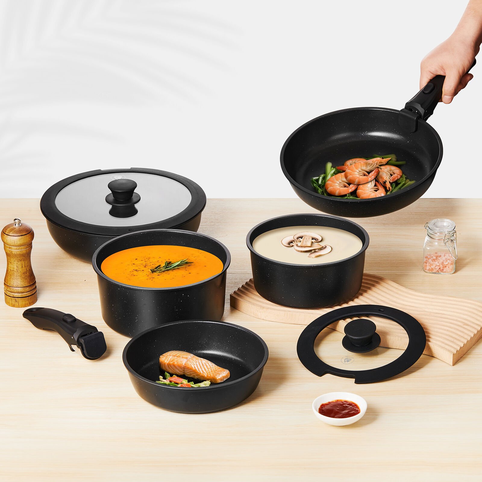 9 Parça Easy Clip Çıkarılabilir Saplı Taşınabilir Tava ve Tencere Seti