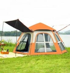 Shufa Tam Otomatik Su Ve Rüzgar Geçirmez Gölgelikli Altıgen Çadır Aile Çadırı 280*240*155 Cm (TURUNCU)（ikinci el）