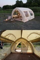 SHUFA GLAMPING Tekne Şekilli Bej Renk Şişme Çadır 400×350×220 cm – Şeffaf Kapı ve Pencereli-ZP88