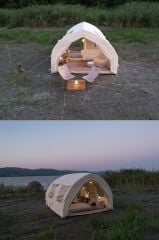 SHUFA GLAMPING Tekne Şekilli Bej Renk Şişme Çadır 400×350×220 cm – Şeffaf Kapı ve Pencereli-ZP88