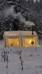 SHUFA GLAMPING Tekne Şekilli Bej Renk Şişme Çadır 400×350×220 cm – Şeffaf Kapı ve Pencereli-ZP88