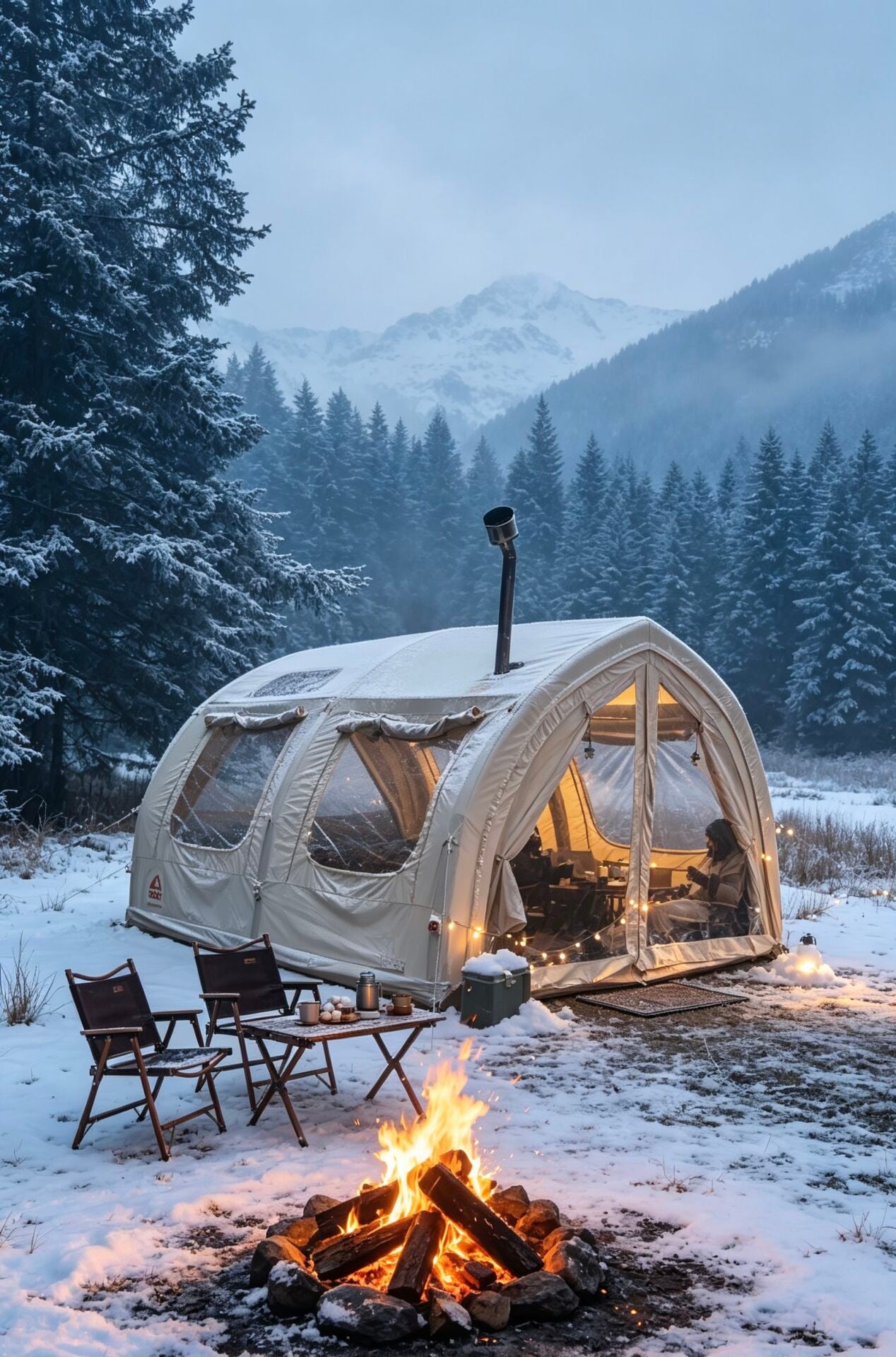 SHUFA GLAMPING Tekne Şekilli Bej Renk Şişme Çadır 400×350×220 cm – Şeffaf Kapı ve Pencereli-ZP88