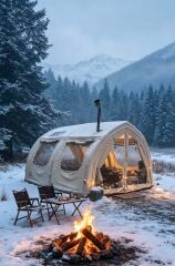 SHUFA GLAMPING Tekne Şekilli Bej Renk Şişme Çadır 400×350×220 cm – Şeffaf Kapı ve Pencereli-ZP88