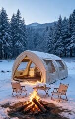 SHUFA GLAMPING Tekne Şekilli Bej Renk Şişme Çadır 400×350×220 cm – Şeffaf Kapı ve Pencereli-ZP88