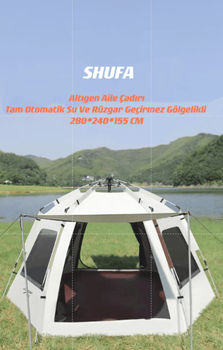 Shufa Tam Otomatik Su ve Rüzgar Geçirmez Gölgelikli Altıgen Aile Çadırı (ZP56-BEJ)280X240X155 cm (KUSURLU ÜRÜN)