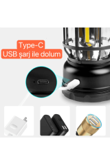 SHUFA Nostaljik Işığı Ayarlanabilir USB Şarjlı Ledli  Haki Kamp Lambası