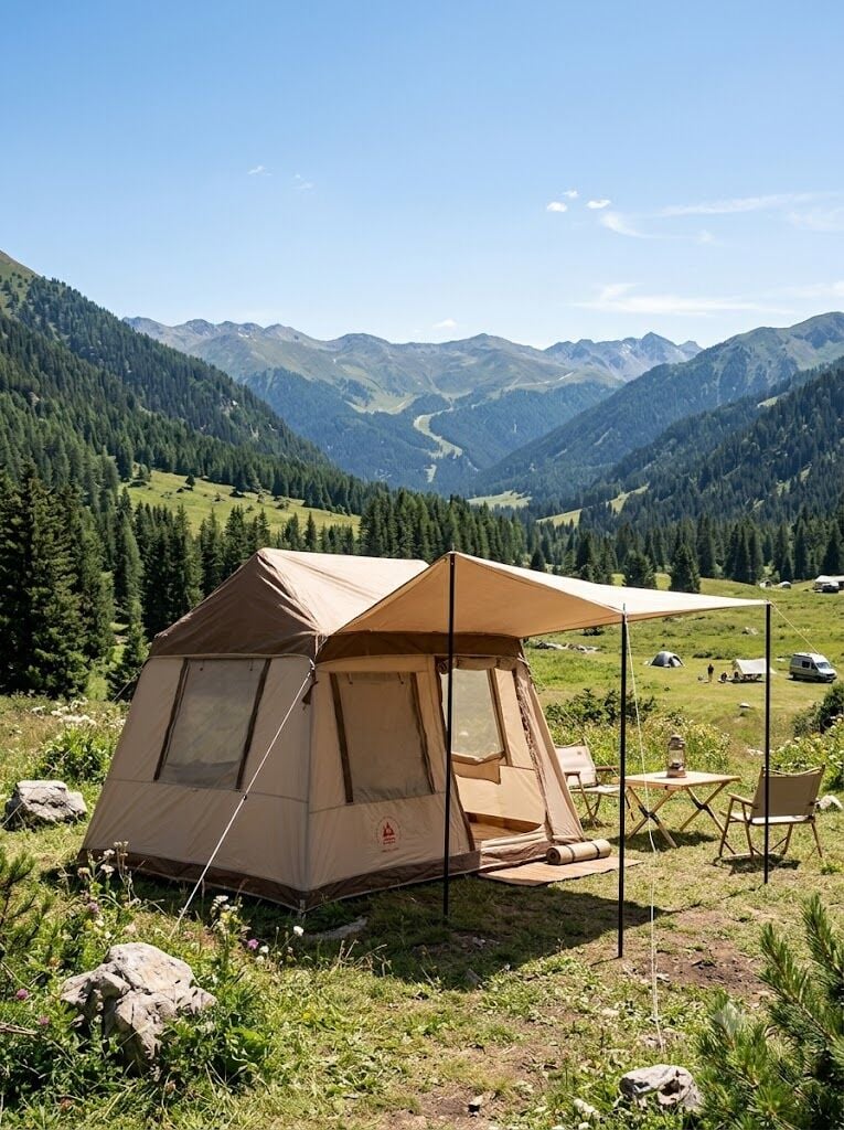 SHUFA 260 × 220 × 200 cm Otomatik Şişme Kamp Çadırı, Yağmur Brandası ve 330 × 270 cm Bağlantılı Gölgelik Dahil, 2 Büyük Şeffaf Tavan Pencereli, Aile Outdoor Kamp Çadırı
