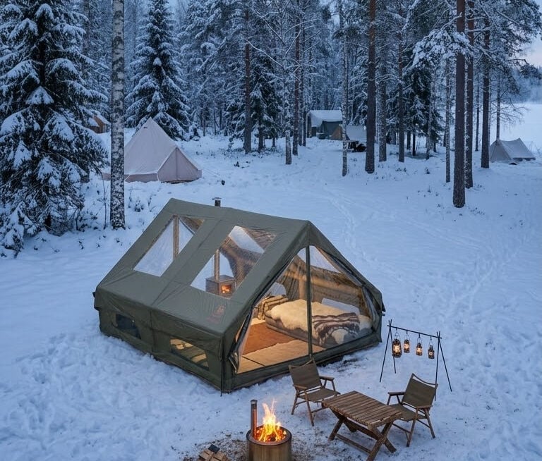 GLAMPING Family Şişme Kamp Çadırı 300*400*200 CM (YEŞİL) Şeffaf Pencereli ve Kapılı ( KUSURLU ÜRÜN )