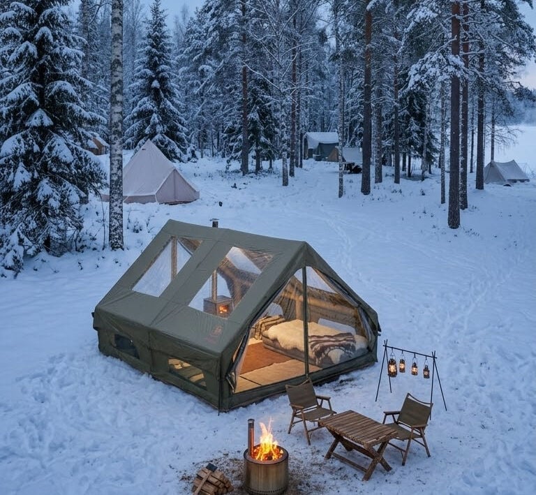 GLAMPING Family Şişme Kamp Çadırı 300*400*200 CM (YEŞİL) Şeffaf Pencereli ve Kapılı ( KUSURLU ÜRÜN )