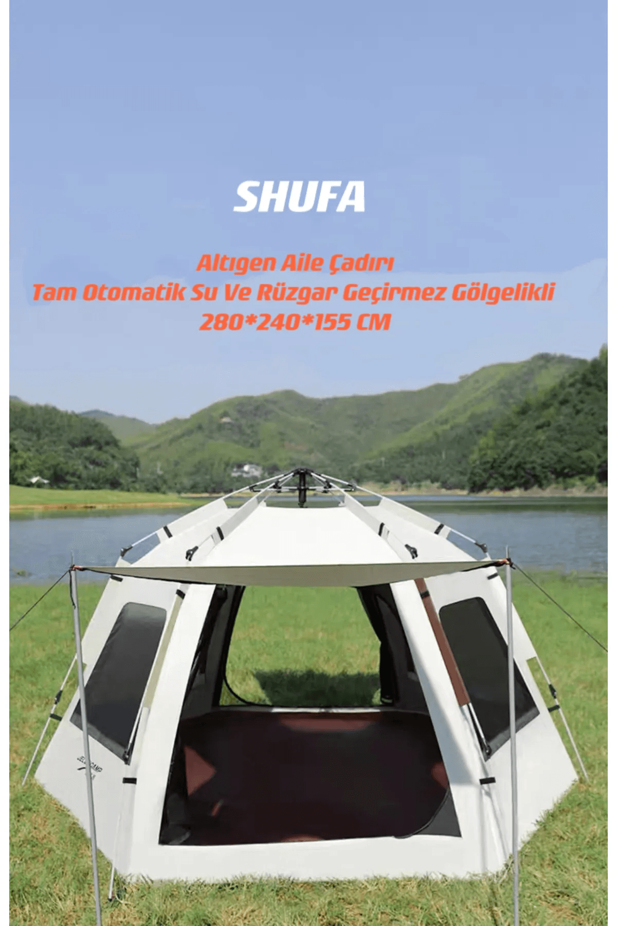 Shufa Tam Otomatik Su ve Rüzgar Geçirmez Gölgelikli Altıgen Aile Çadırı (ZP56-BEJ)280X240X155 cm