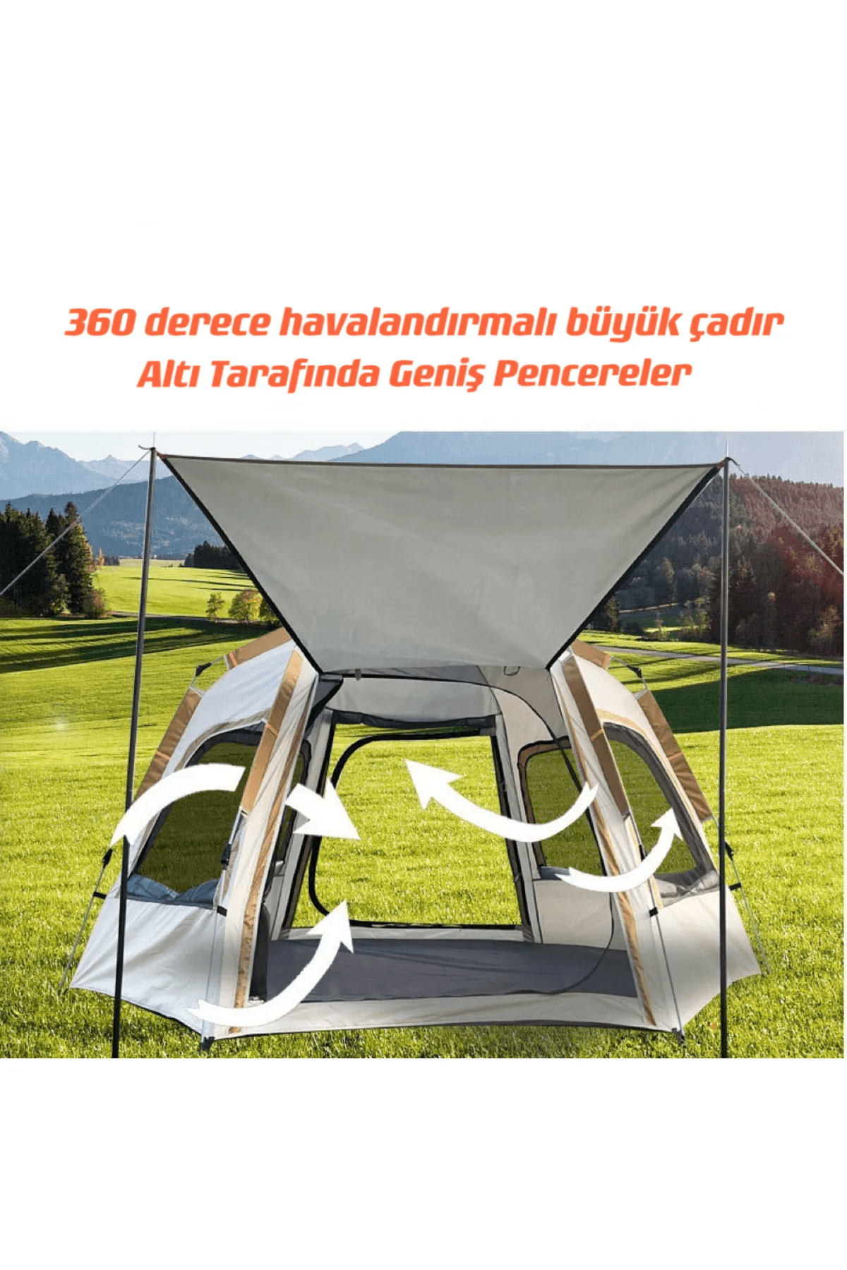 Shufa Tam Otomatik Su ve Rüzgar Geçirmez Gölgelikli Altıgen Aile Çadırı (ZP56-BEJ)280X240X155 cm