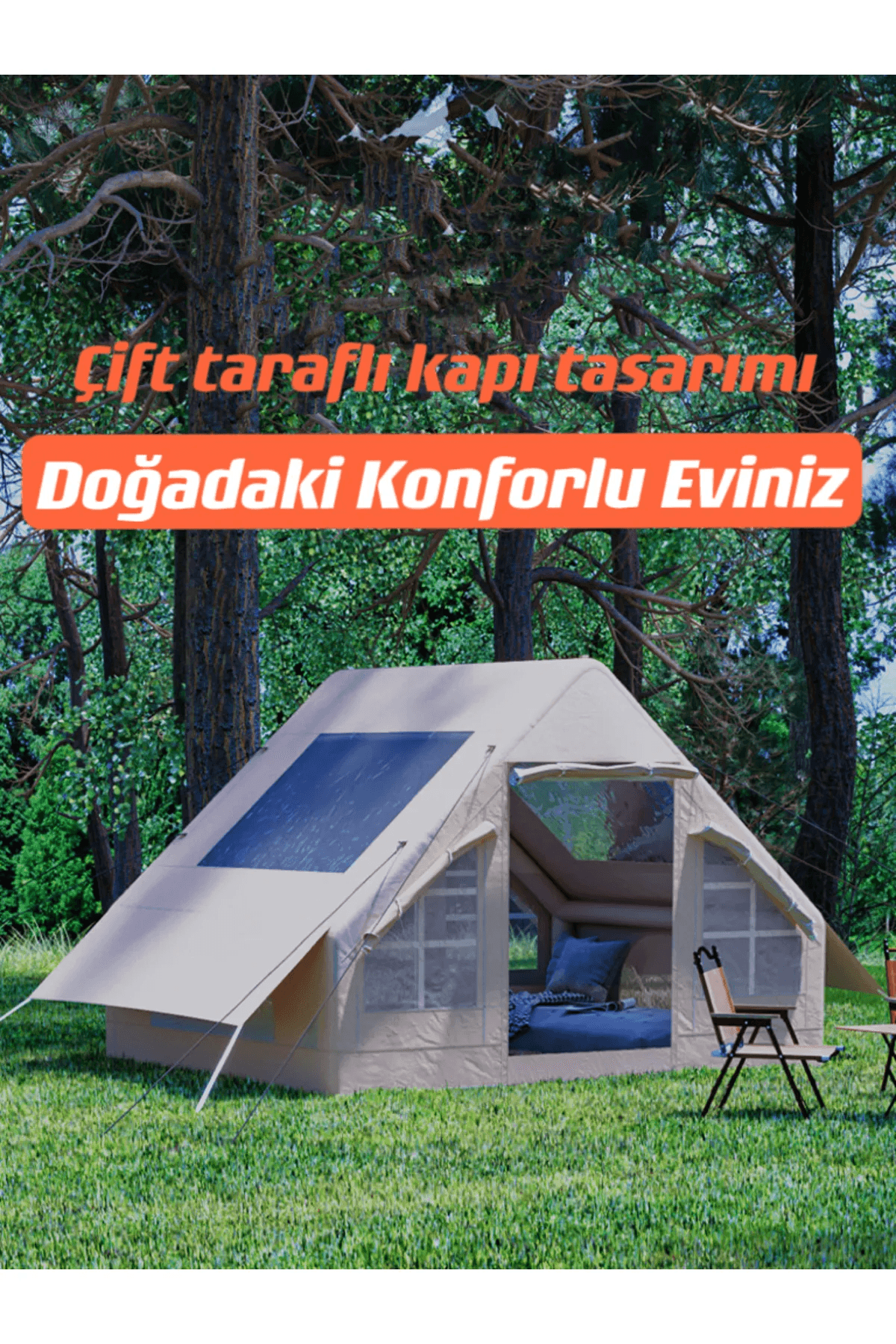 Shufa Otomatik Şişme 4 Mevsim 6 m2 Bej Renk Su Geçirmez Kamp Çadırı(İki Büyük-Şeffaf Pencereli Kolay Kurulum)-ZP62