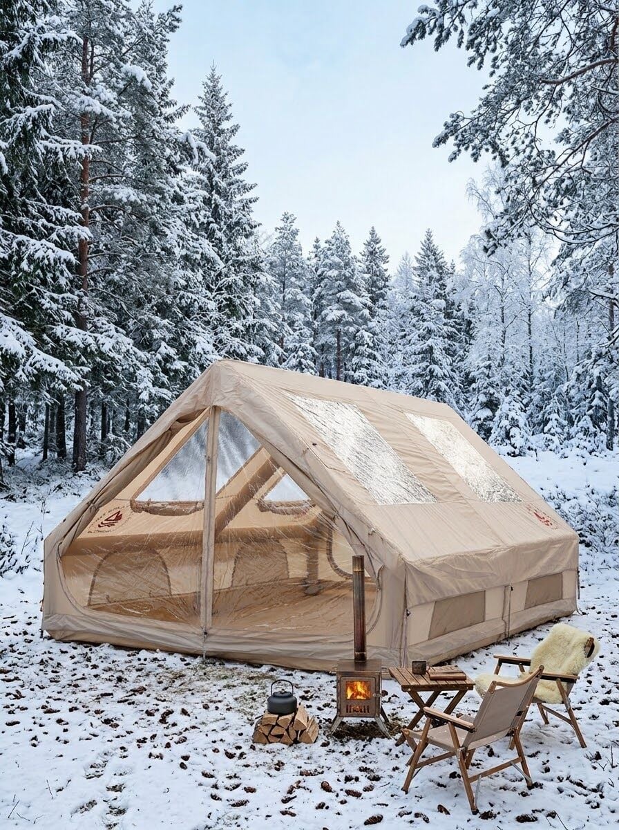 SHUFA GLAMPING Family Şişme Kamp Çadırı Bej Renk 300*400*200 CM -Şeffaf Pencereli ve Kapılı