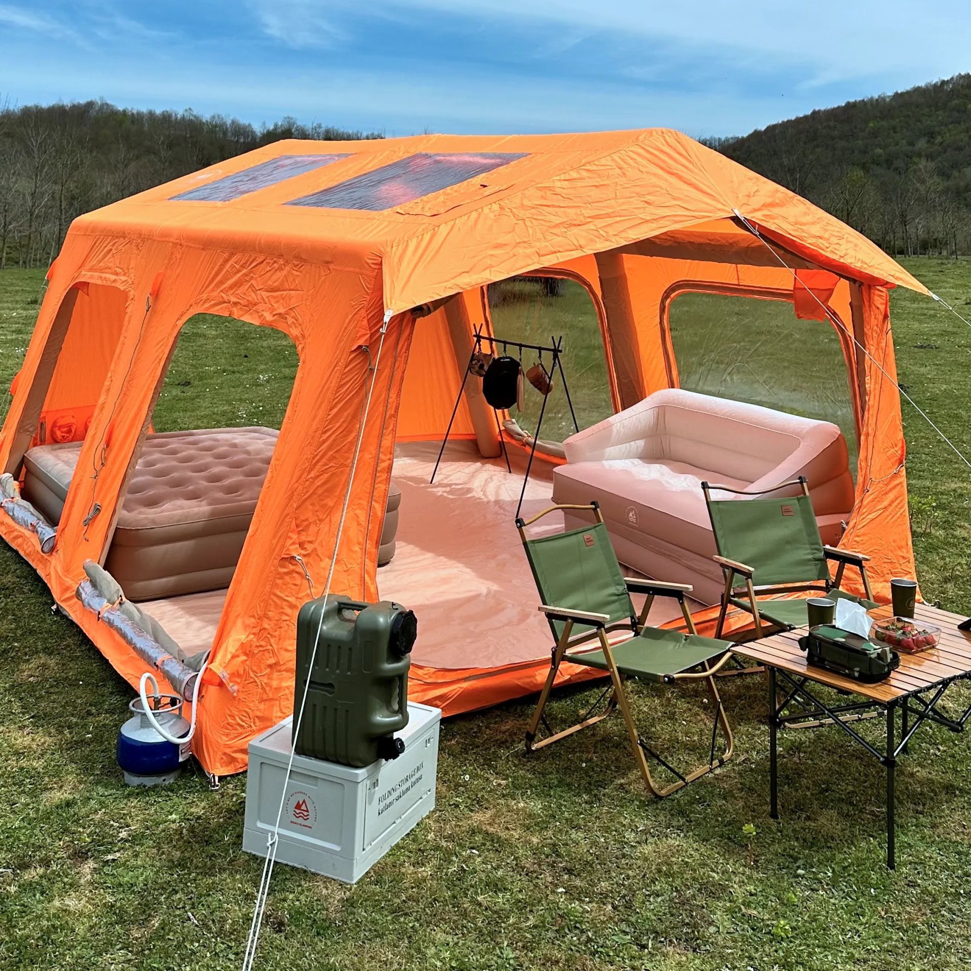 SHUFA Galaksi Serisi Turuncu | 13.68 m² Otomatik Şişme Kamp Çadırı – 4 Mevsim – Şeffaf Tavanlı – 380x360x220 cm
