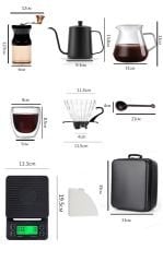 9 Parça Çantalı Kahve Seti – Cam Demlik, Dijital Terazi, Öğütücü, Kettle, Kupa ve Taşıma Çantalı