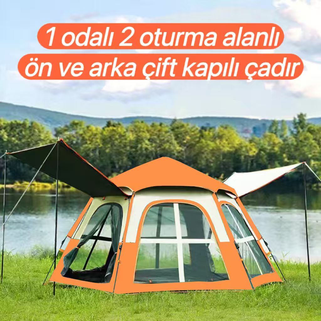 Shufa Tam Otomatik Su Ve Rüzgar Geçirmez Gölgelikli Altıgen Çadır Aile Çadırı 280*240*155 Cm (TURUNCU)