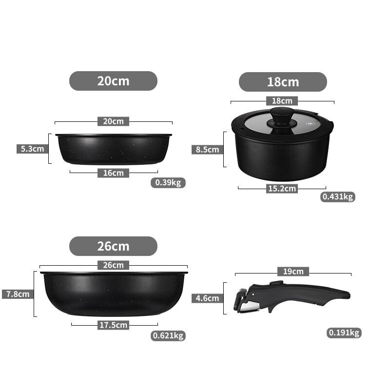 Shufa 5 Parça Easy Clip Çıkarılabilir Saplı Taşınabilir Tava ve Tencere Seti