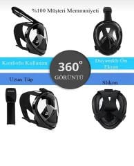 SHUFA L/Xl Beden Siyah Dalış Maskesi Tam Yüz Full Face Şnorkel Anti Sızıntı Ekipmanları 360 Görüntü Slikon